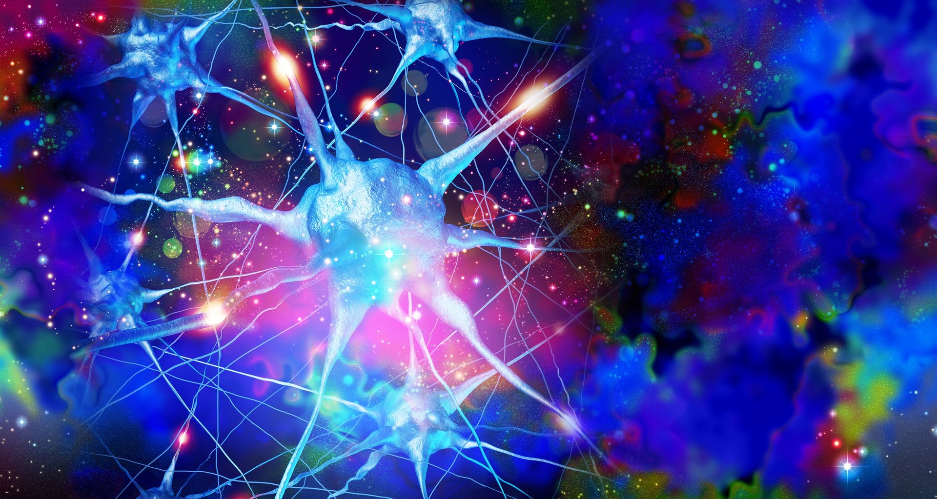 Psychedelic brain therapy with glowing purple and violet neural pathways, neurotransmitters firing across a dark background.